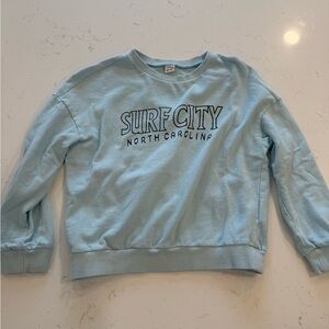SHEIN Surf City North Carolina Light Blue Crewneck Sweatshirt